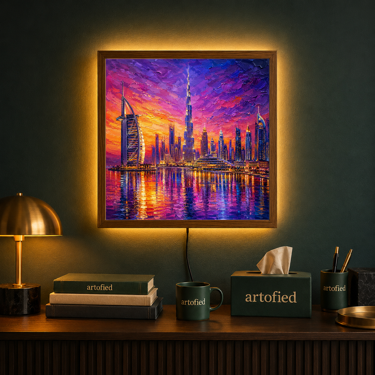 Dubai Skyline at Golden Sunset – Where ambition meets the horizon in light – Photo Frame Wall Lamp - Artofied