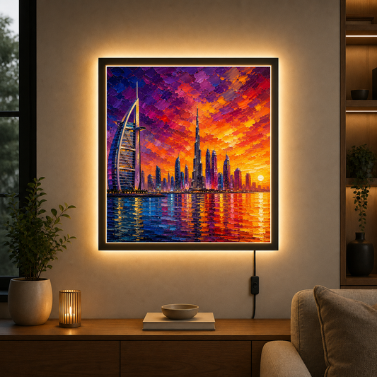 Dubai Skyline at Golden Sunset – Where urban grandeur meets fiery skies – Photo Frame Wall Lamp - Artofied