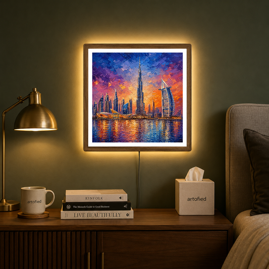 Dubai Skyline at Sunset – Purple and gold ignite the glass towers – Acrylic Glowing Frame - Artofied
