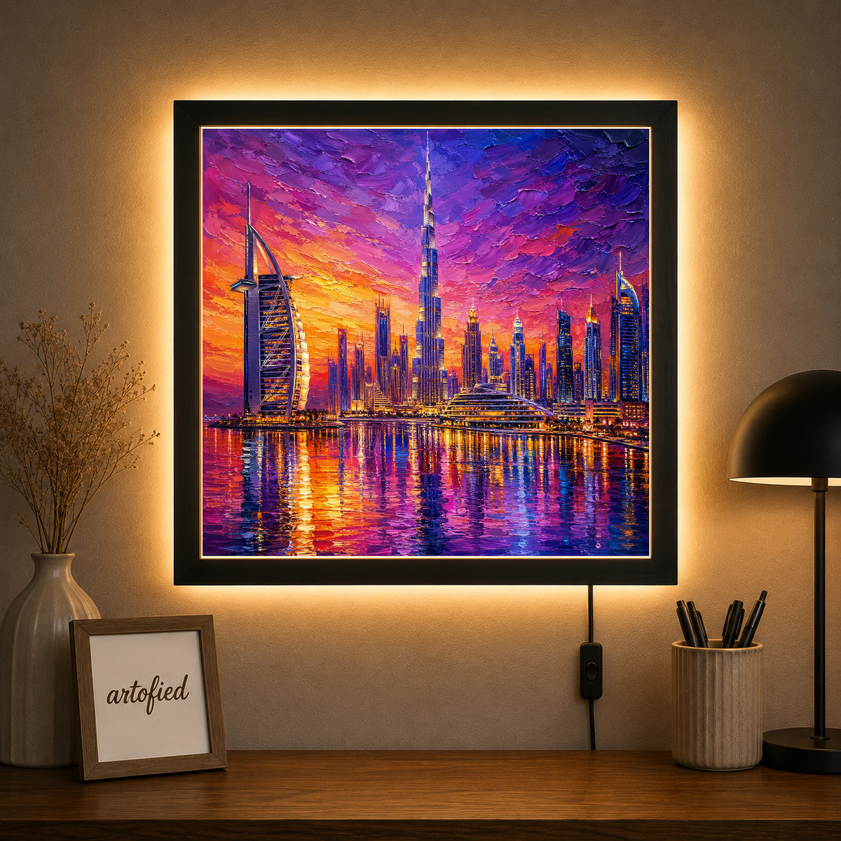 Dubai Skyline at Sunset – Purple and gold ignite the skyline – Acrylic Glowing Frame - Artofied