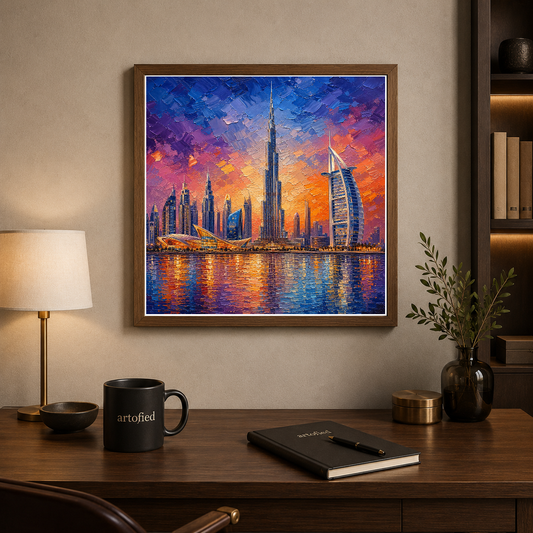 Dubai Skyline at Sunset – Purple and gold ignite the glass towers – Framed Metal Poster - Artofied