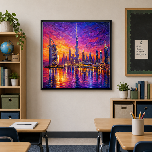 Dubai Skyline at Sunset – Purple and gold ignite the skyline – Framed Metal Poster - Artofied