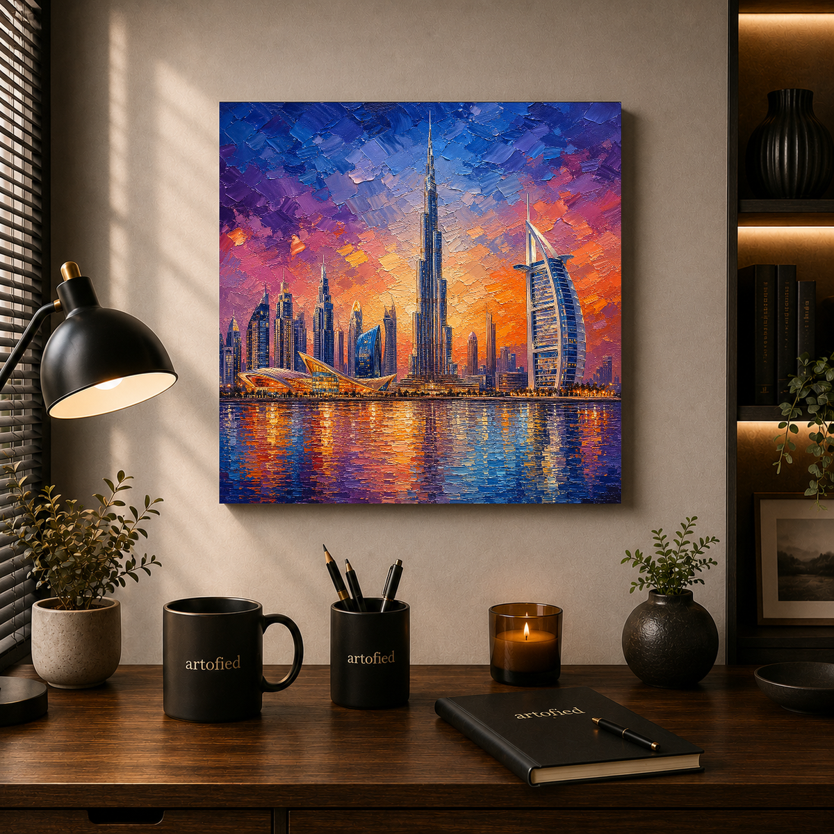 Dubai Skyline at Sunset – Purple and gold ignite the glass towers – Premium Metal Poster - Artofied