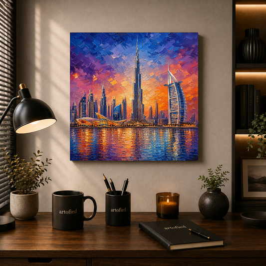 Dubai Skyline at Sunset – Purple and gold ignite the glass towers – Premium Metal Poster - Artofied