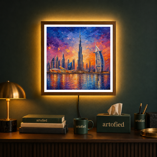 Dubai Skyline at Sunset – Purple and gold ignite the glass towers – Photo Frame Wall Lamp - Artofied