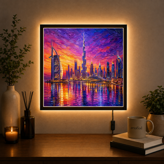 Dubai Skyline at Sunset – Purple and gold ignite the skyline – Photo Frame Wall Lamp - Artofied