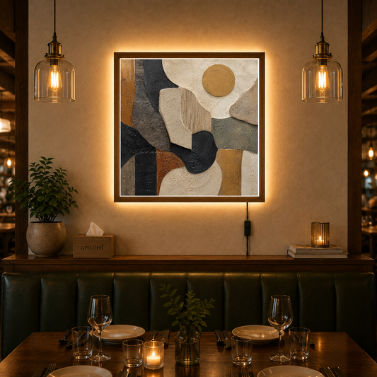 Earthen Geometry: A Study in Balance – Golden circle draws the eye inward. – Acrylic Glowing Frame - Artofied