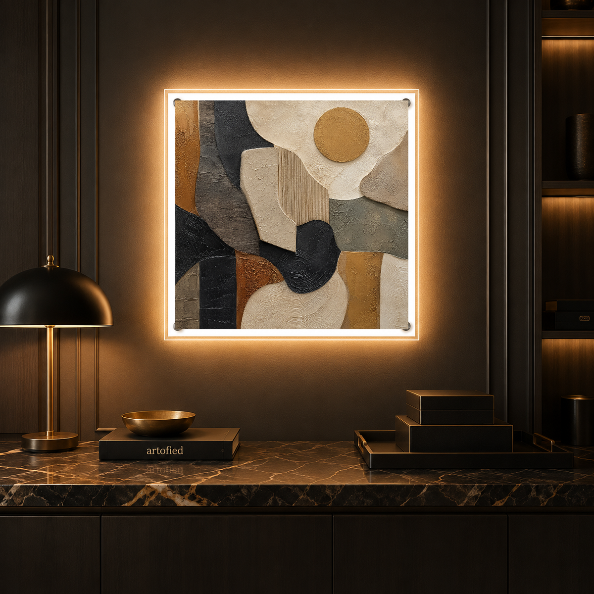 Earthen Geometry: A Study in Balance – Golden circle draws the eye inward. – Photo Frame Wall Lamp - Artofied