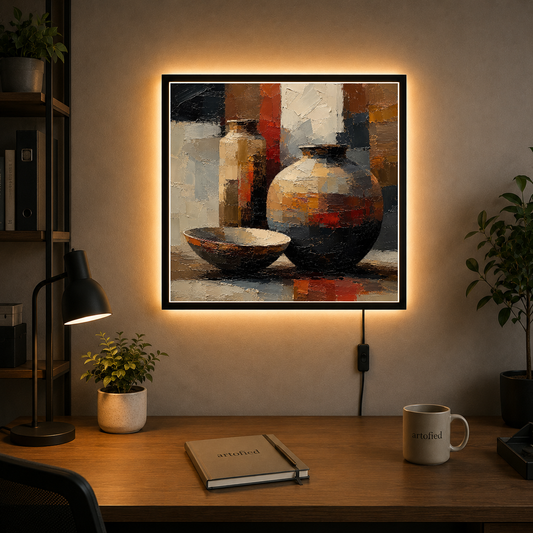 Earthen Vessels in Warm Light – Pottery glows warm beneath geometric shadow – Acrylic Glowing Frame - Artofied
