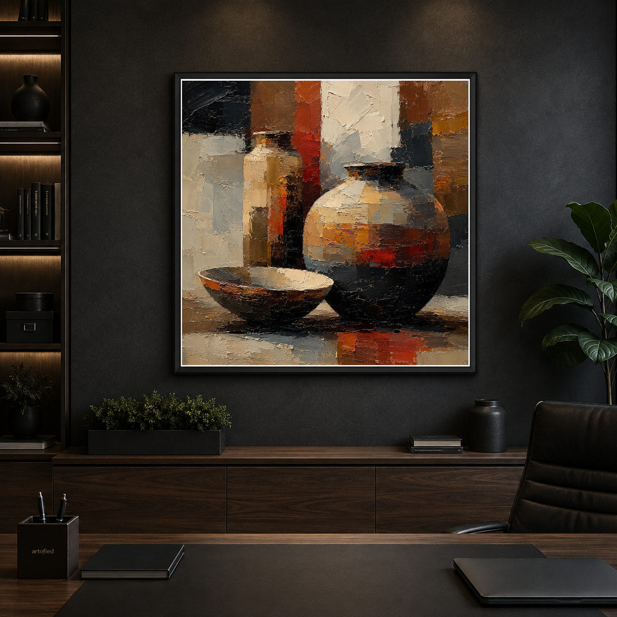 Earthen Vessels in Warm Light – Pottery glows warm beneath geometric shadow – Framed Metal Poster - Artofied