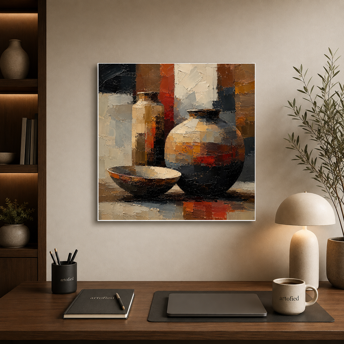 Earthen Vessels in Warm Light – Pottery glows warm beneath geometric shadow – Premium Metal Poster - Artofied
