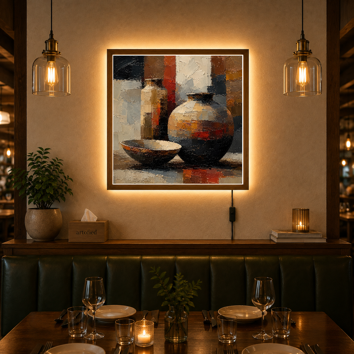 Earthen Vessels in Warm Light – Pottery glows warm beneath geometric shadow – Photo Frame Wall Lamp - Artofied