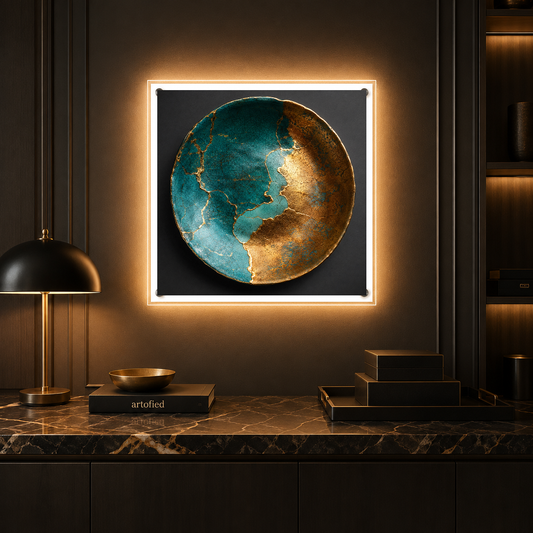 Earthrise: Teal and Gold Sphere – Continents traced in gold light – Acrylic Glowing Frame - Artofied