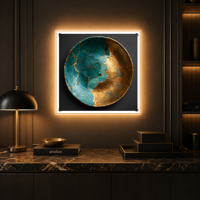 Teal and Gold Sphere – Acrylic LED Wall Art