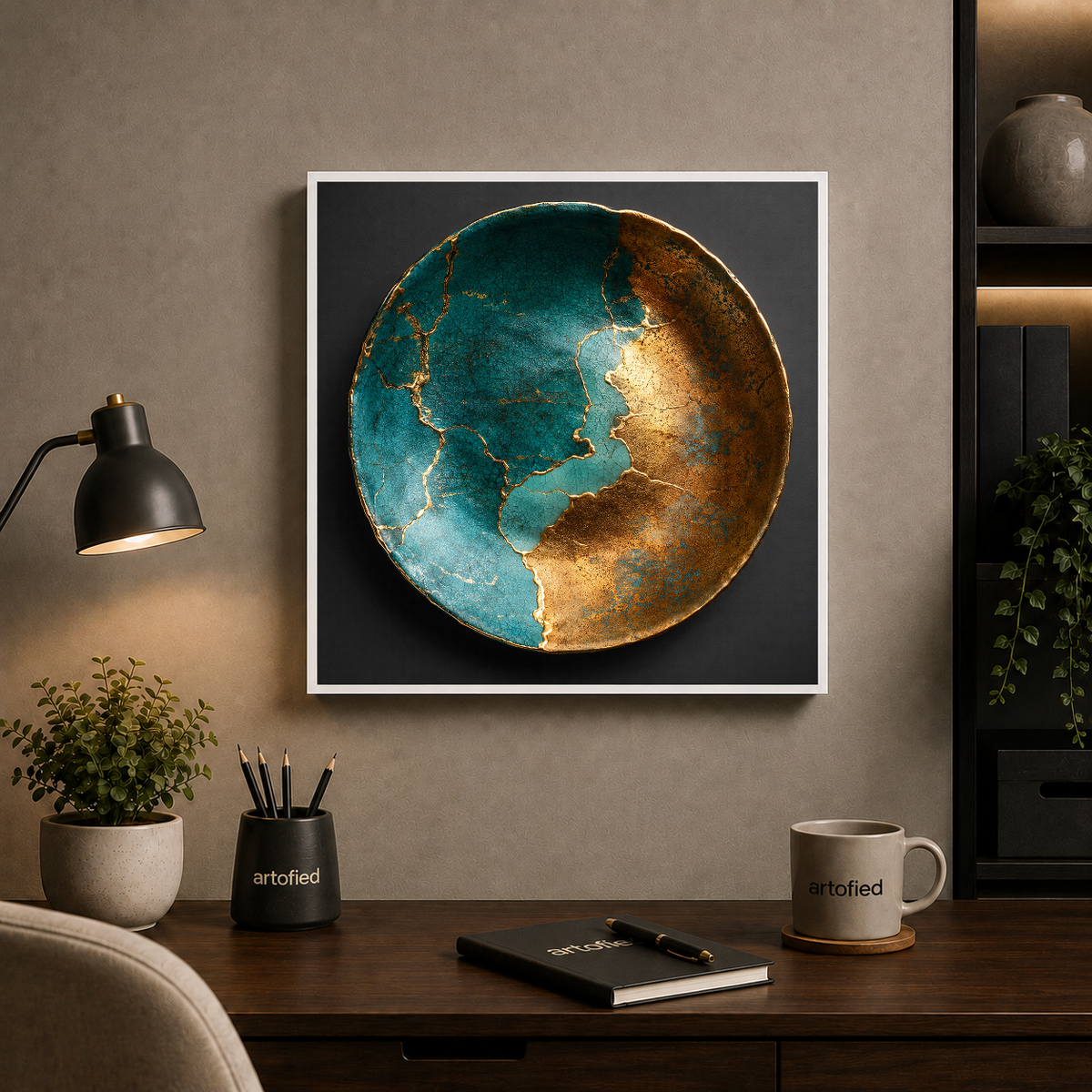 Earthrise: Teal and Gold Sphere – Continents traced in gold light – Framed Metal Poster - Artofied
