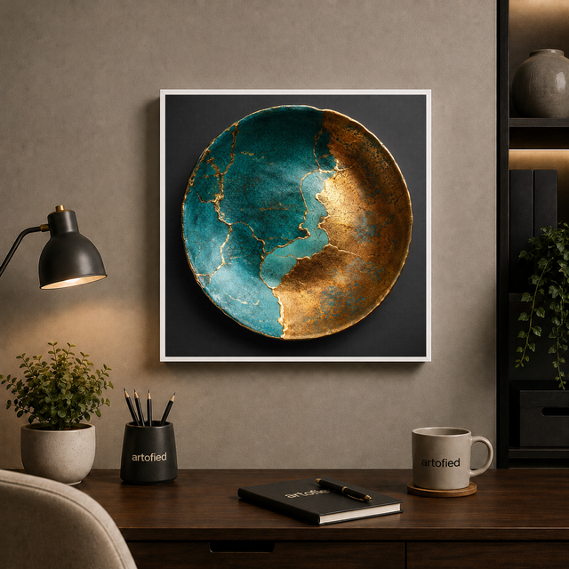 Split Sphere in Teal and Gold – Framed Metal Poster