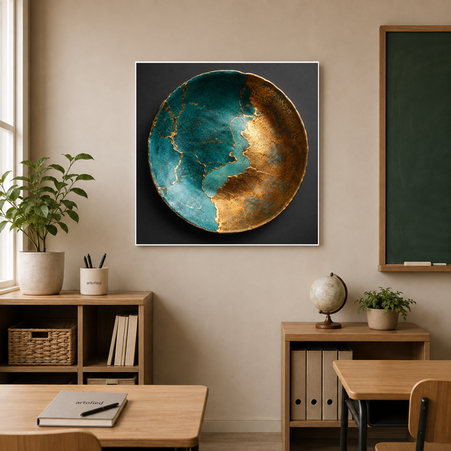 Cracked Sphere in Teal and Gold – Metal Wall Art