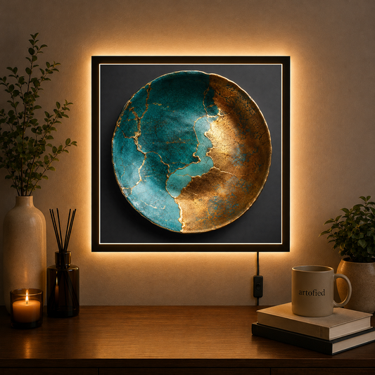 Earthrise: Teal and Gold Sphere – Continents traced in gold light – Photo Frame Wall Lamp - Artofied