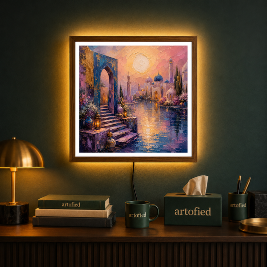 Eastern Gateway at Golden Hour – Amber light glows through ancient stone – Acrylic Glowing Frame - Artofied