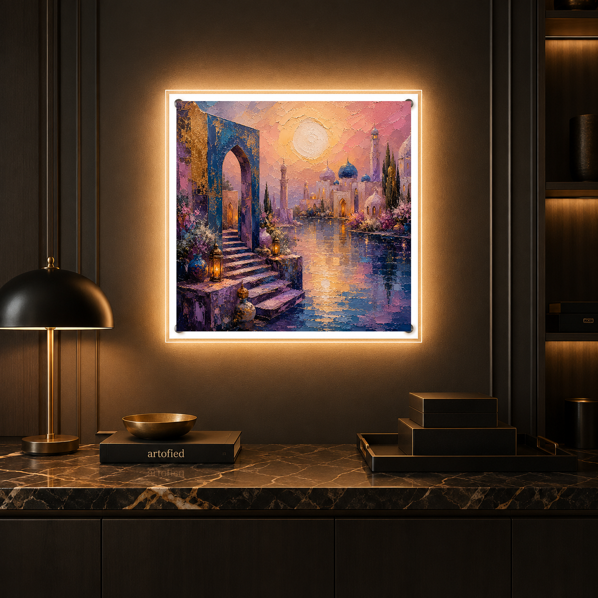 Eastern Gateway at Golden Hour – Amber light glows through ancient stone – Photo Frame Wall Lamp - Artofied
