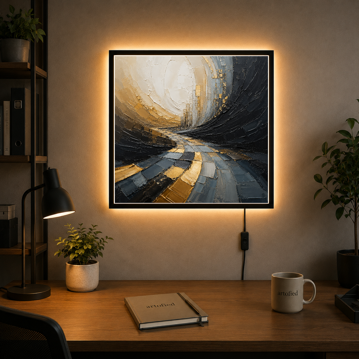 Ethereal Passage Through Light and Shadow – Charcoal curves dissolving into gold – Acrylic Glowing Frame - Artofied