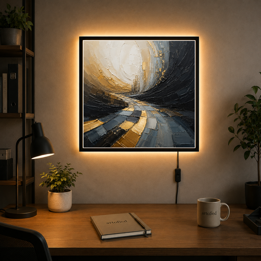Ethereal Passage Through Light and Shadow – Charcoal curves dissolving into gold – Acrylic Glowing Frame - Artofied