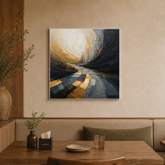 Ethereal Passage Through Light and Shadow – Charcoal curves dissolving into gold – Premium Metal Poster - Artofied