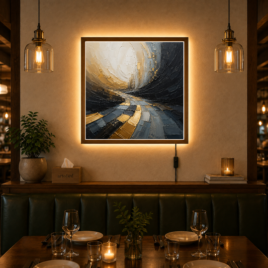 Ethereal Passage Through Light and Shadow – Charcoal curves dissolving into gold – Photo Frame Wall Lamp - Artofied