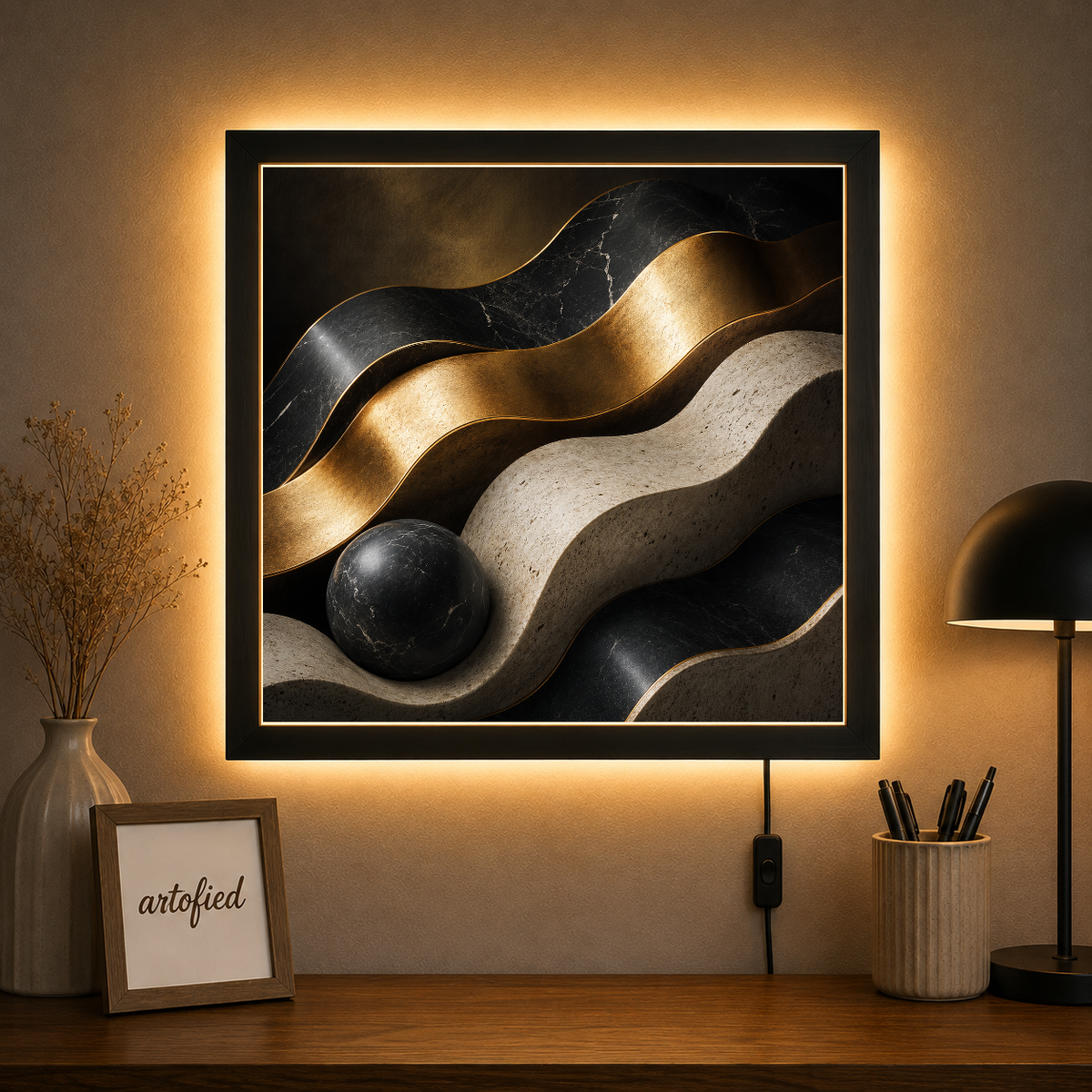 Flowing Abstractions in Gold and Shadow – Gold and shadow in quiet conversation – Acrylic Glowing Frame - Artofied