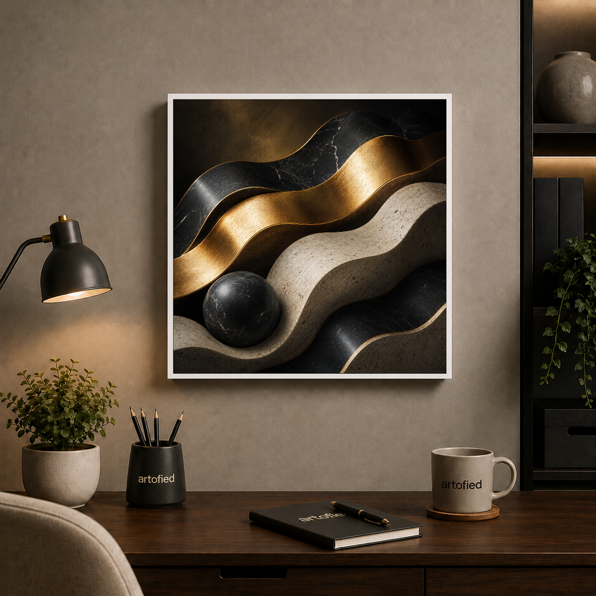 Flowing Abstractions in Gold and Shadow – Gold and shadow in quiet conversation – Framed Metal Poster - Artofied