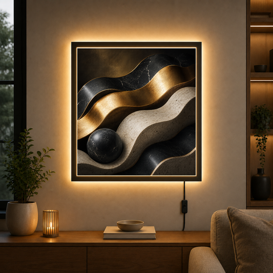 Flowing Abstractions in Gold and Shadow – Gold and shadow in quiet conversation – Photo Frame Wall Lamp - Artofied