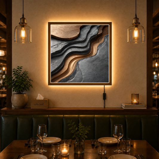 Flowing Layers of Earth and Stone – Charcoal and ochre in patient conversation – Acrylic Glowing Frame - Artofied