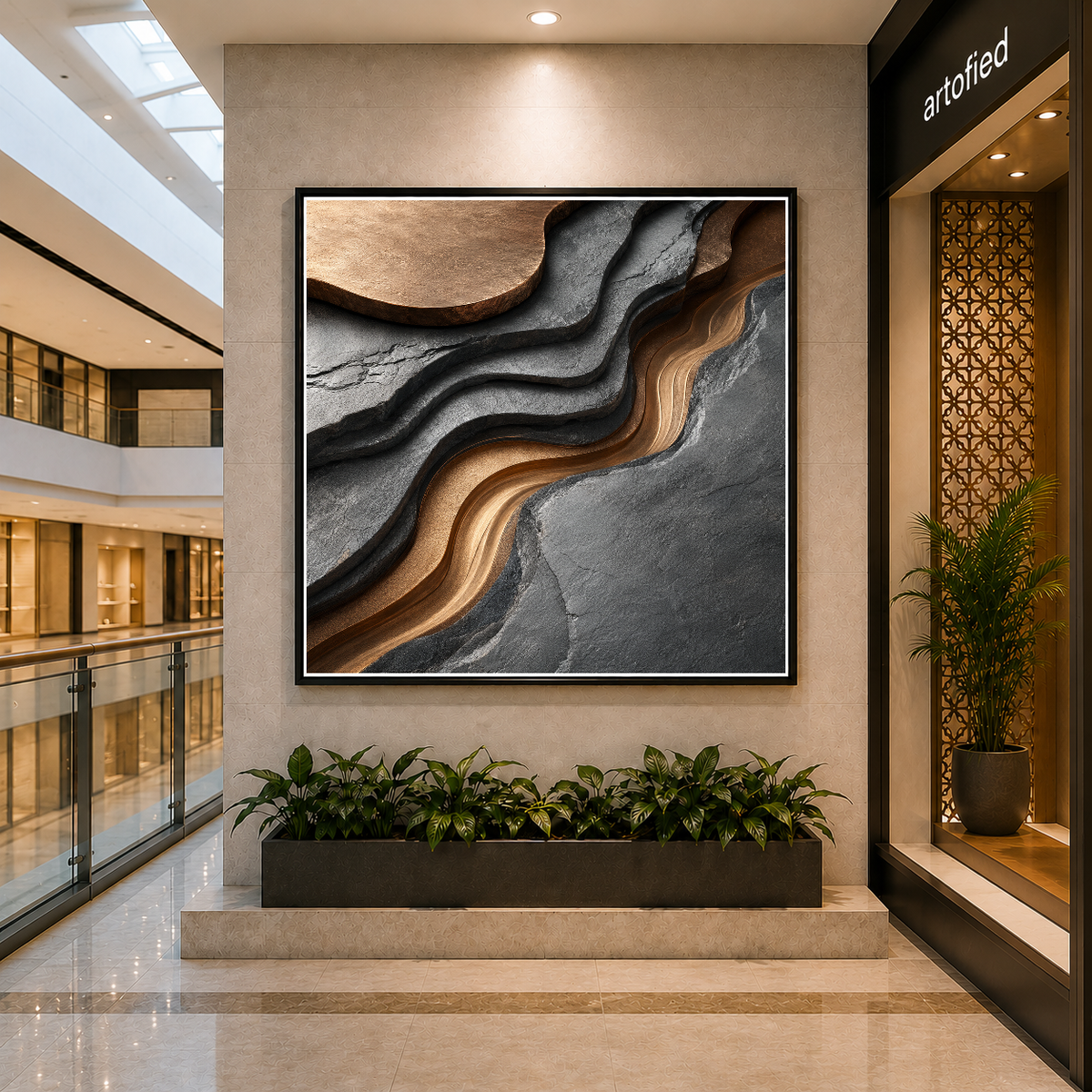 Flowing Layers of Earth and Stone – Charcoal and ochre in patient conversation – Framed Metal Poster - Artofied