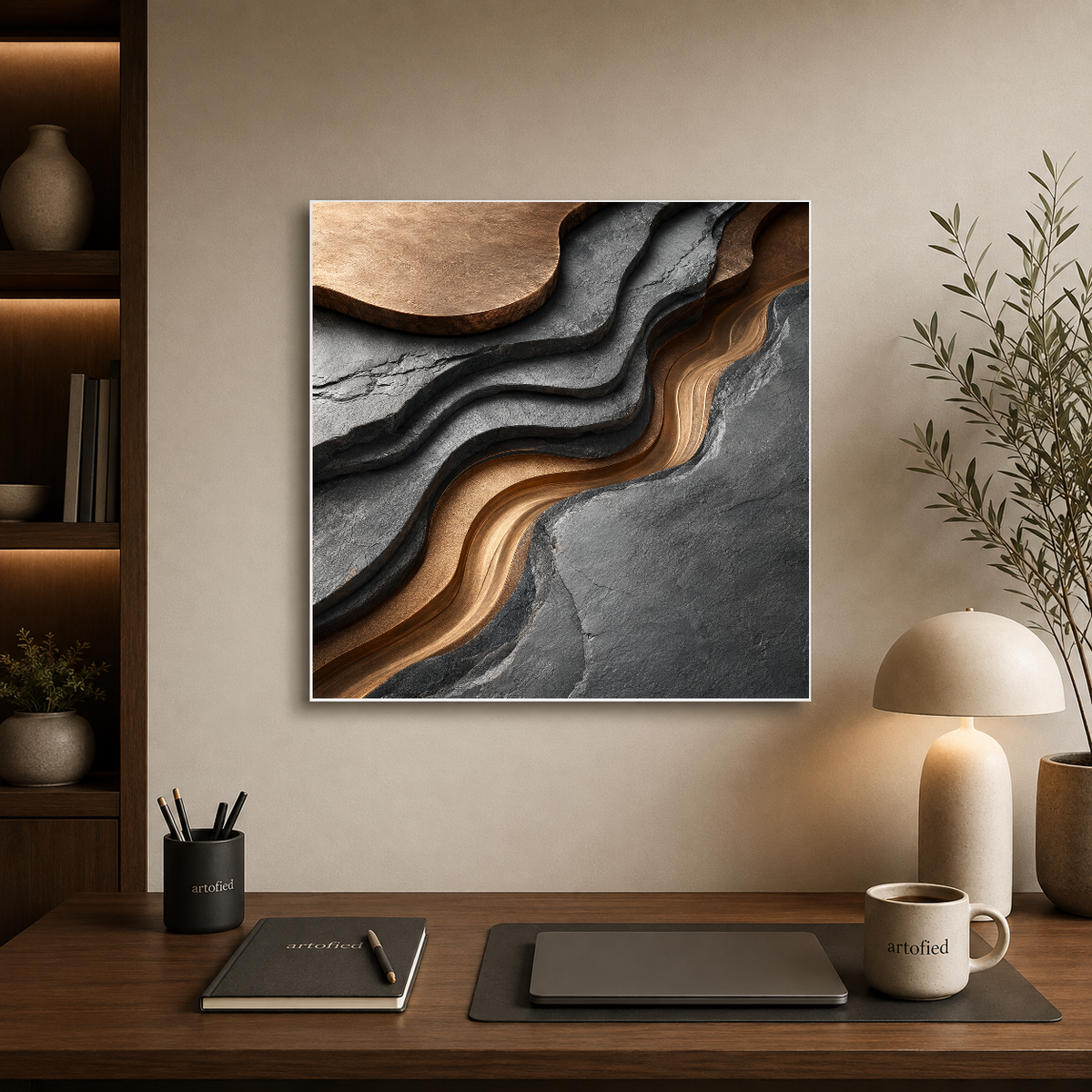 Flowing Layers of Earth and Stone – Charcoal and ochre in patient conversation – Premium Metal Poster - Artofied