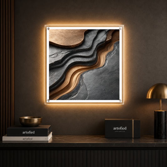 Flowing Layers of Earth and Stone – Charcoal and ochre in patient conversation – Photo Frame Wall Lamp - Artofied