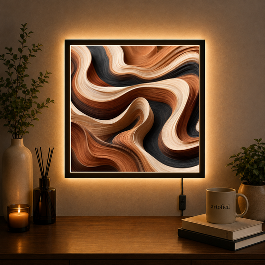 Flowing Layers of Warm Abstraction – Amber waves drift through charcoal stillness – Acrylic Glowing Frame - Artofied