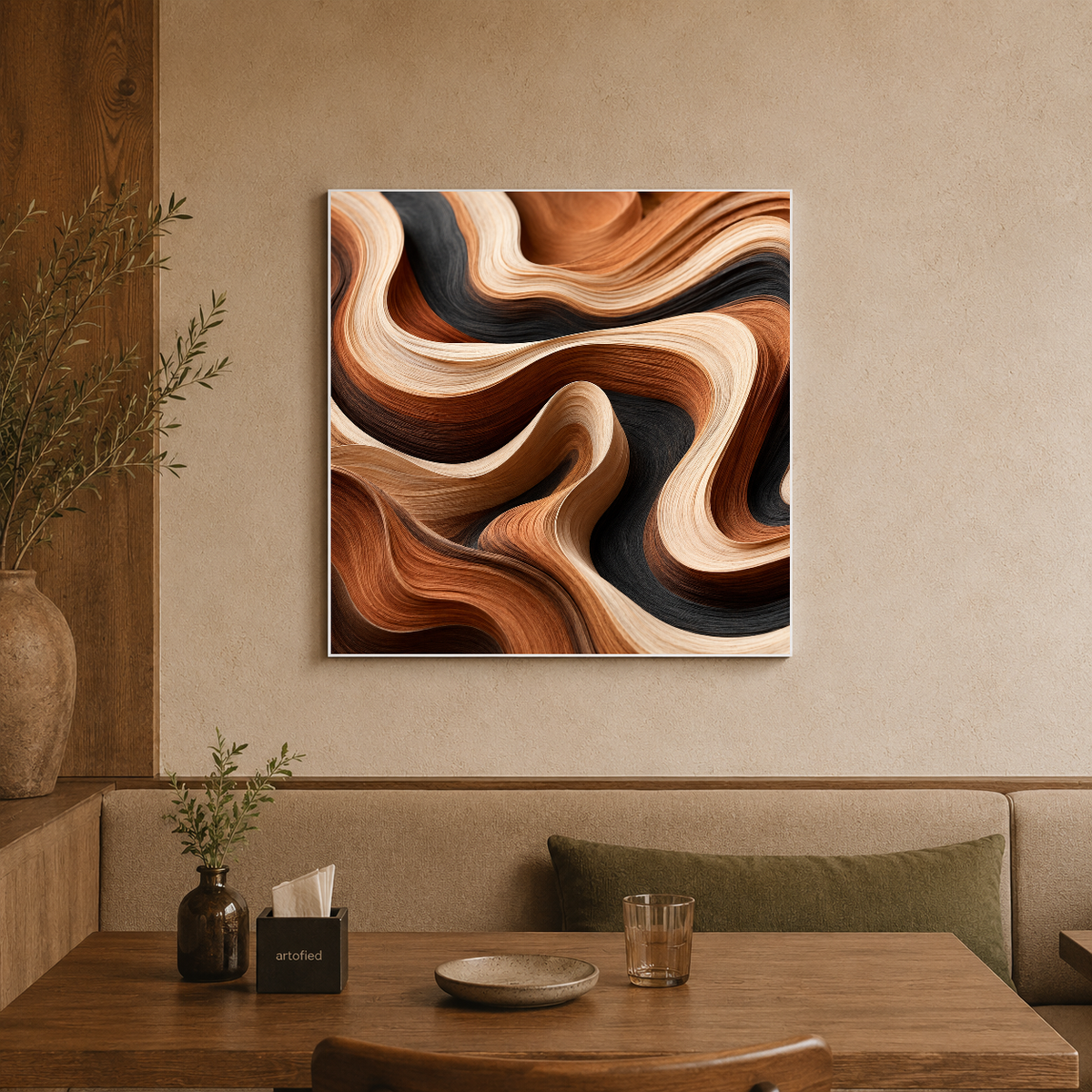Flowing Layers of Warm Abstraction – Amber waves drift through charcoal stillness – Premium Metal Poster - Artofied