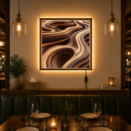 Flowing Layers of Wood Grain – Caramel and chocolate swirl into motion – Acrylic Glowing Frame - Artofied
