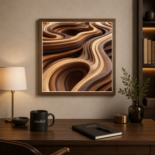 Flowing Layers of Wood Grain – Caramel and chocolate swirl into motion – Framed Metal Poster - Artofied