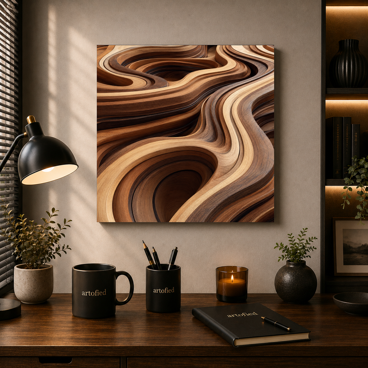 Flowing Layers of Wood Grain – Caramel and chocolate swirl into motion – Premium Metal Poster - Artofied