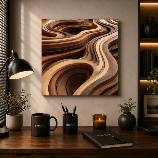 Flowing Layers of Wood Grain – Caramel and chocolate swirl into motion – Premium Metal Poster - Artofied