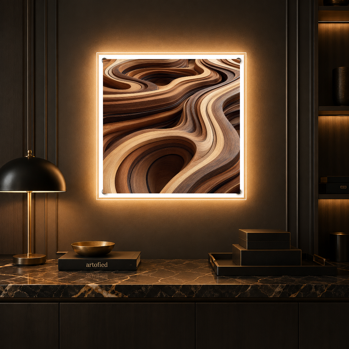 Flowing Layers of Wood Grain – Caramel and chocolate swirl into motion – Photo Frame Wall Lamp - Artofied
