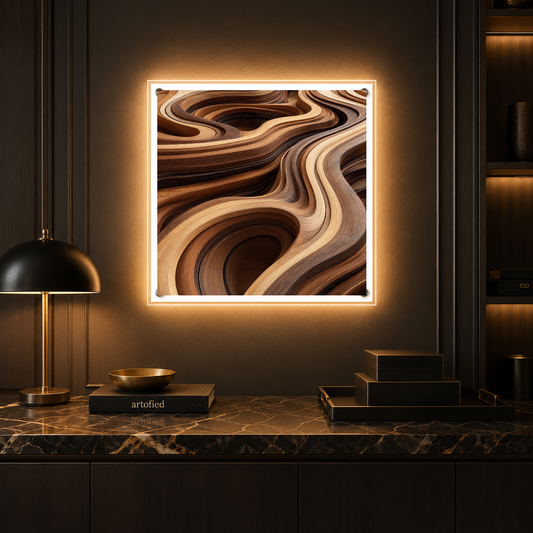Flowing Layers of Wood Grain – Caramel and chocolate swirl into motion – Photo Frame Wall Lamp - Artofied