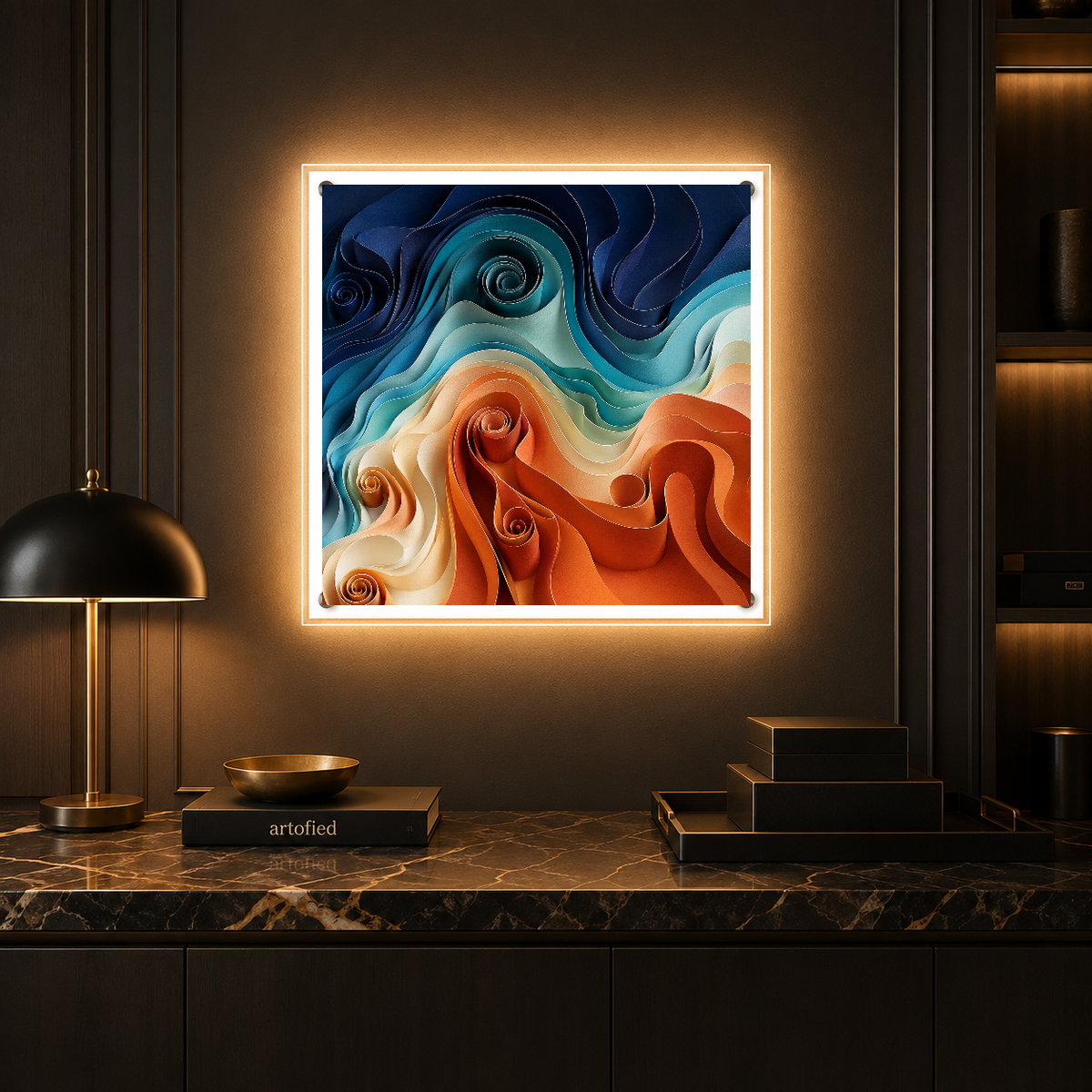 Flowing Waves of Ocean and Flame – Navy spirals ignite turquoise flames – Acrylic Glowing Frame - Artofied