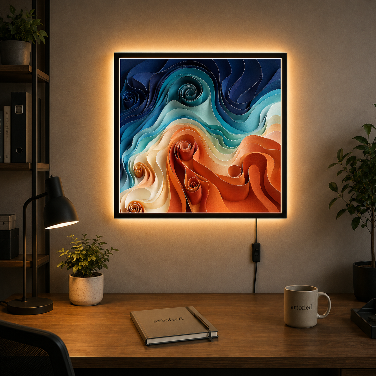 Flowing Waves of Ocean and Flame – Navy spirals ignite turquoise flames – Photo Frame Wall Lamp - Artofied