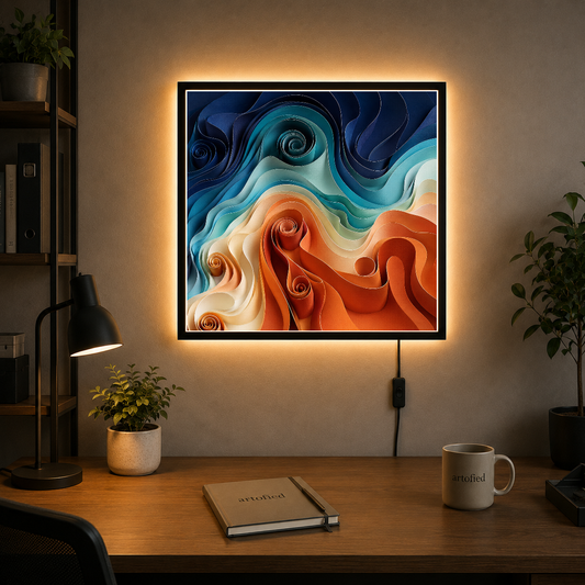 Flowing Waves of Ocean and Flame – Navy spirals ignite turquoise flames – Photo Frame Wall Lamp - Artofied