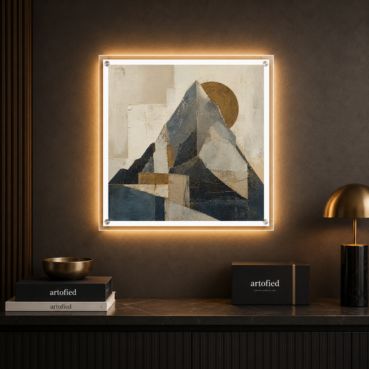 Geometric Ascent: Mountain and Moon – Slate and earth layered skyward – Acrylic Glowing Frame - Artofied