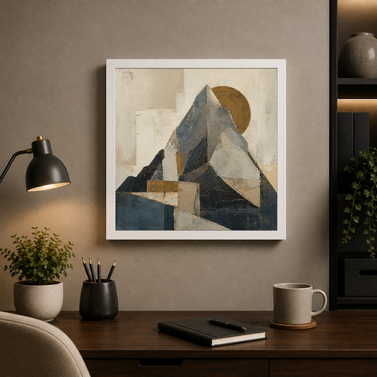 Geometric Ascent: Mountain and Moon – Slate and earth layered skyward – Framed Metal Poster - Artofied
