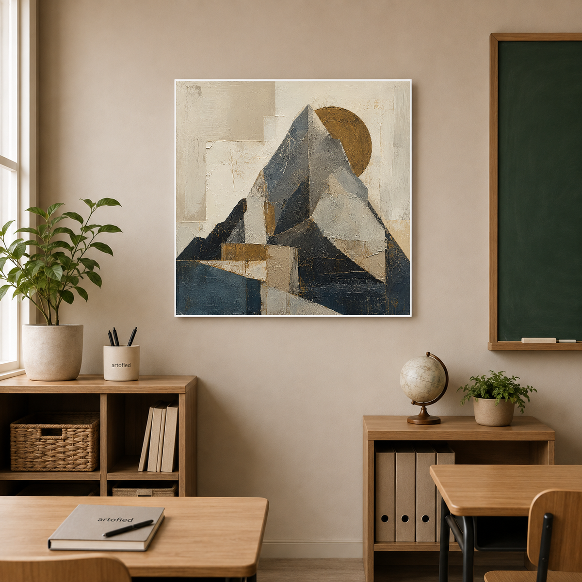 Geometric Ascent: Mountain and Moon – Slate and earth layered skyward – Premium Metal Poster - Artofied