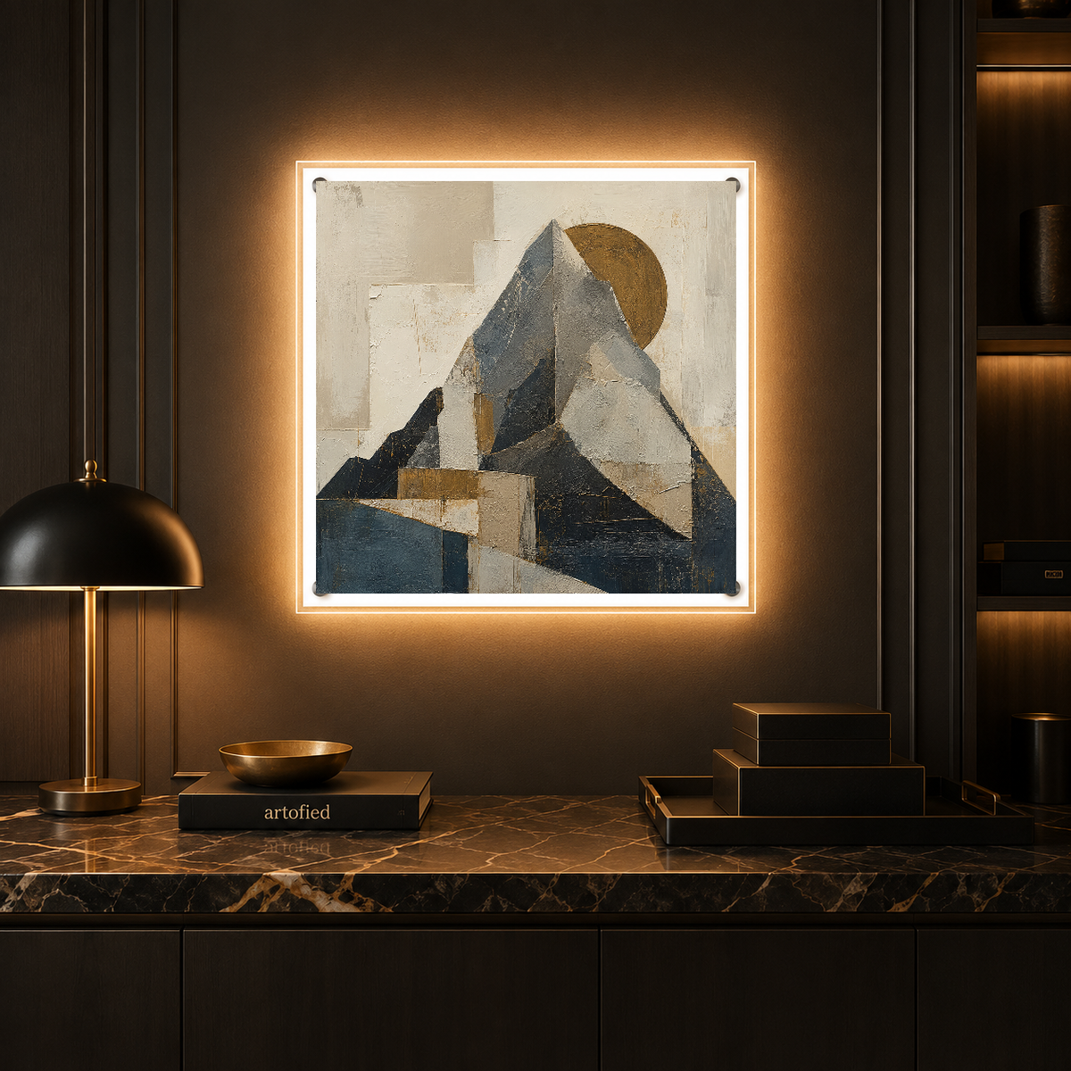 Geometric Ascent: Mountain and Moon – Slate and earth layered skyward – Photo Frame Wall Lamp - Artofied
